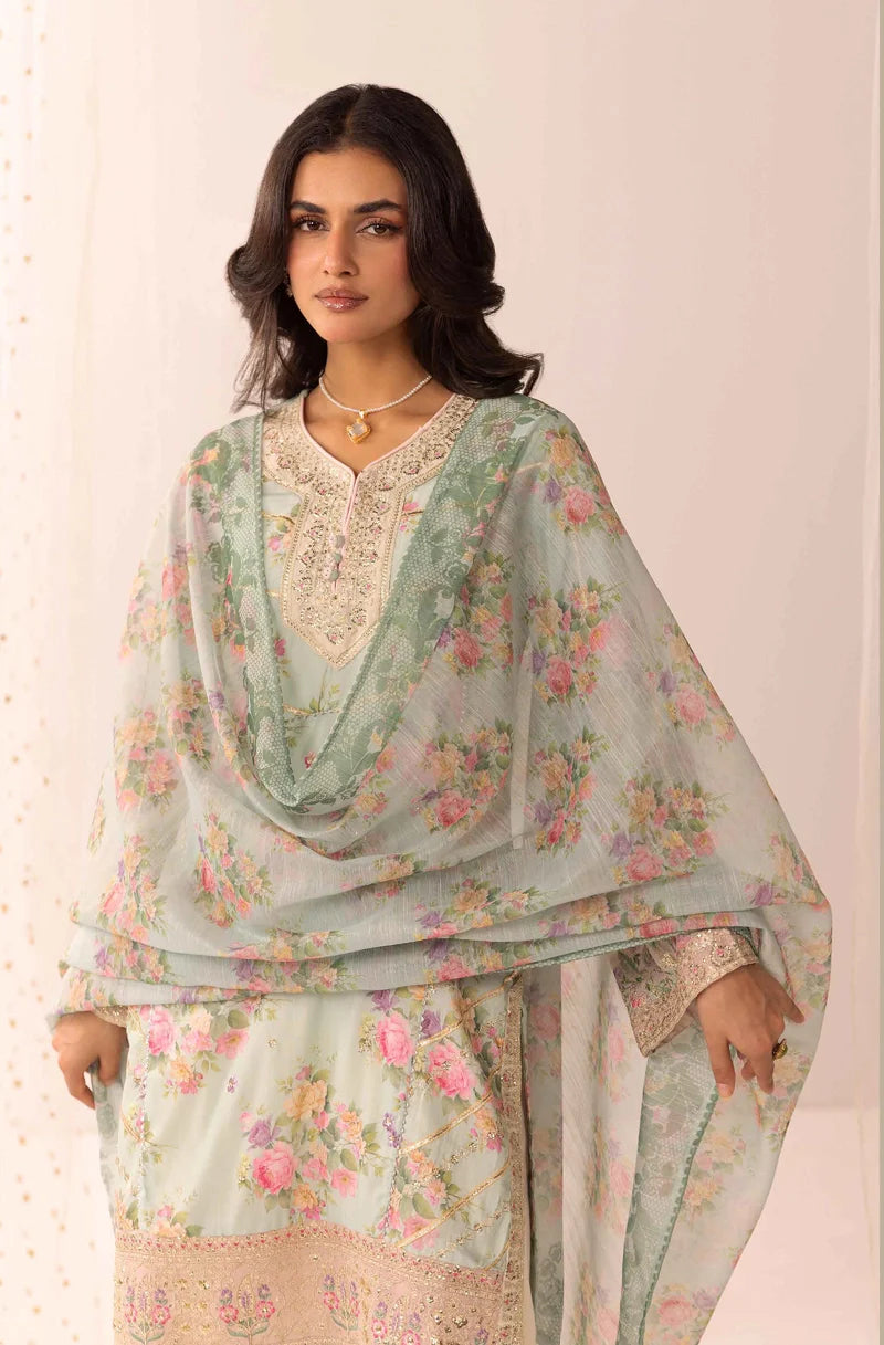 Ethnic Eid Edit Barocia Silk Mint 3 Piece Suit